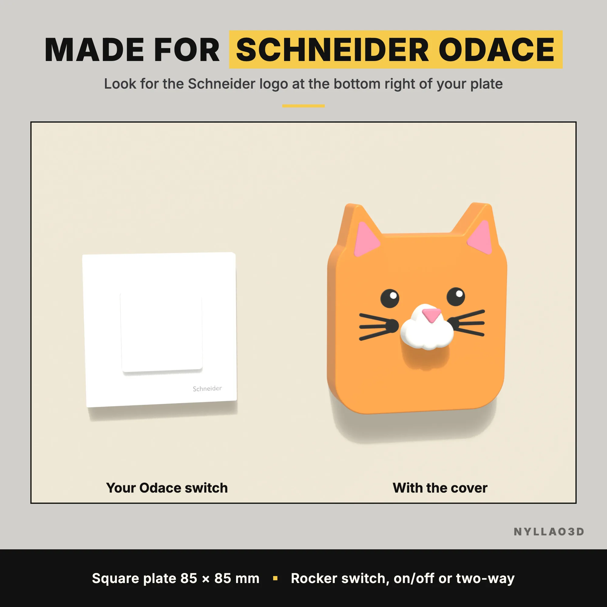 Un interrupteur Schneider Odace nu, à côté du même habillé du cache chat